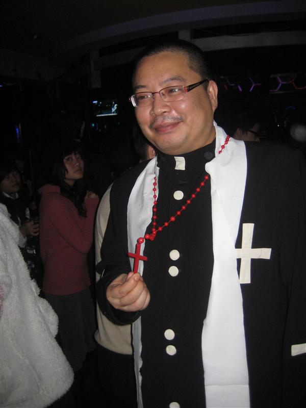 The owner of the bar dressed up in three diff cotumes  this was one